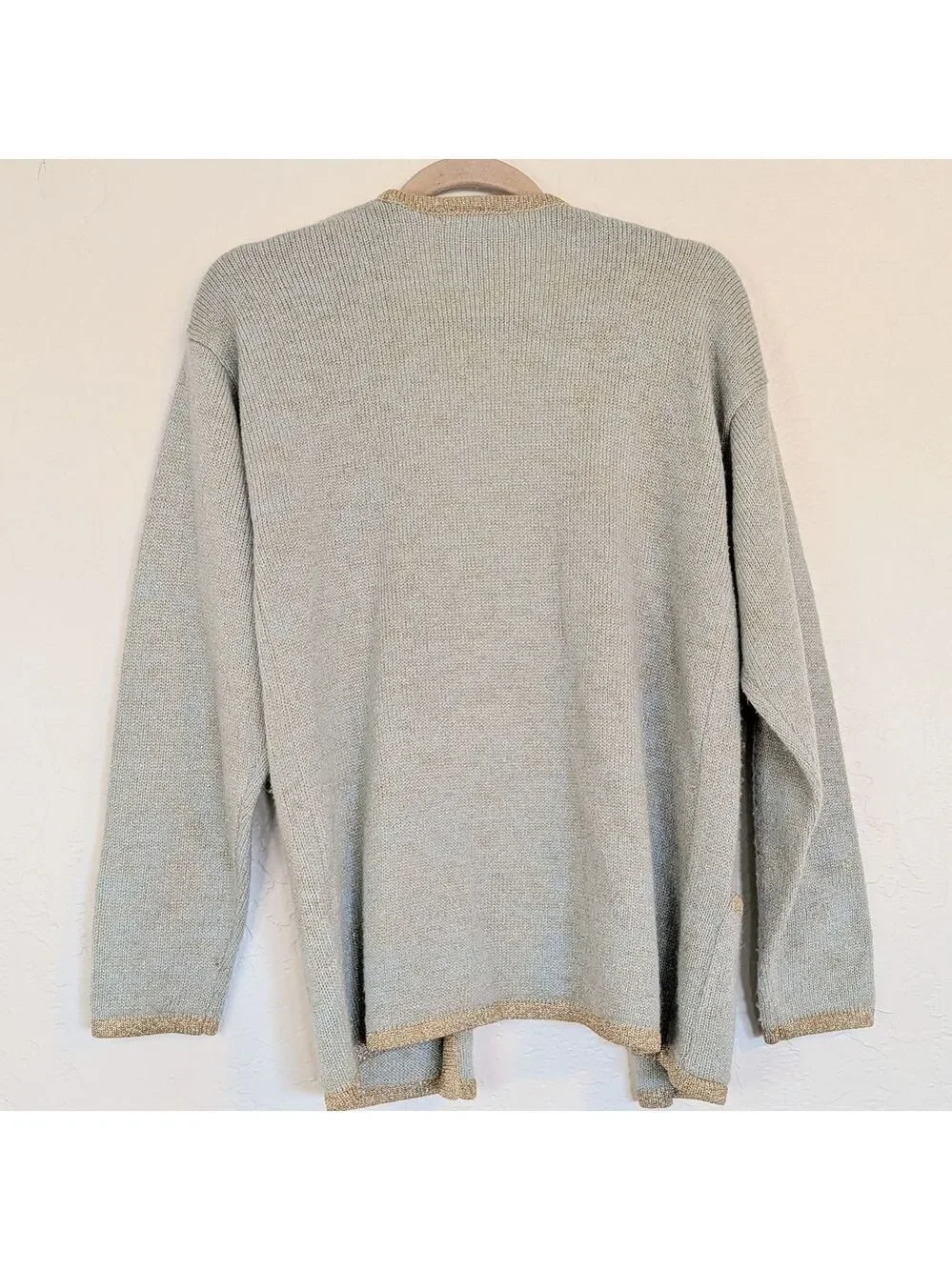 VTG Cardigan Short Sleeve Sweater Set Light Mint Green Gold Trim 80s Grandmacore